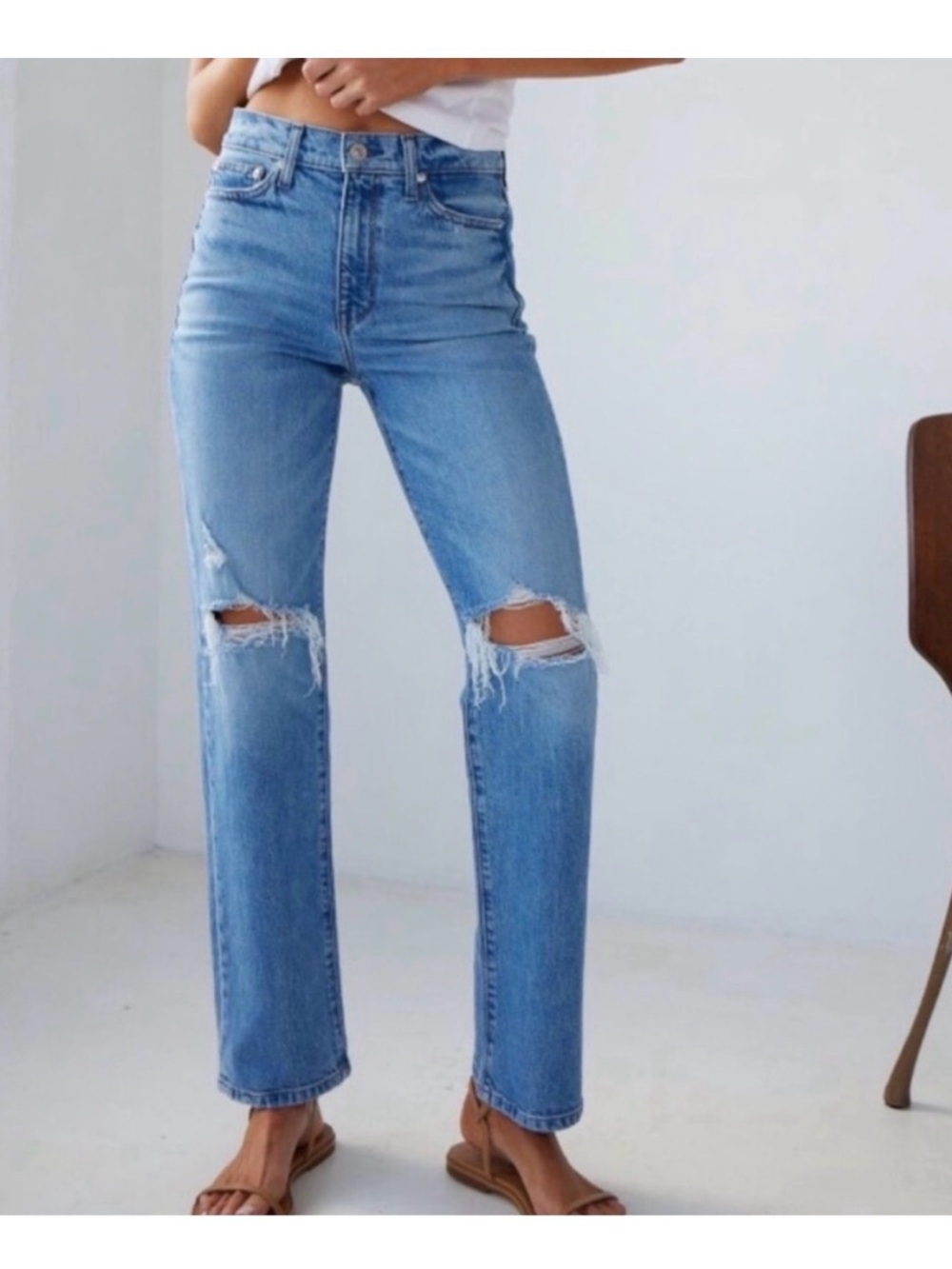 AYR LaLa High-Rise Light Blue Distressed Straight Jeans, 33